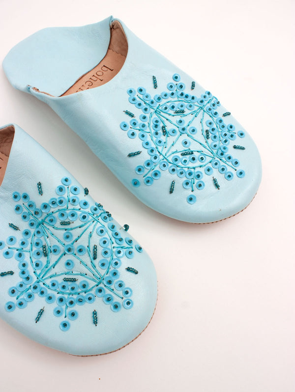 Moroccan Babouche Sequin Slippers, Ice Blue - Bohemia Design