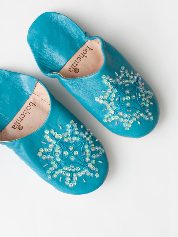 Moroccan Babouche Sequin Slippers, Aqua - Bohemia Design