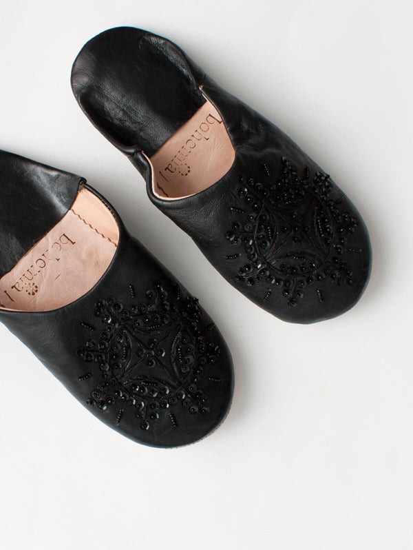 Moroccan Babouche Sequin Slippers, Black - Bohemia Design