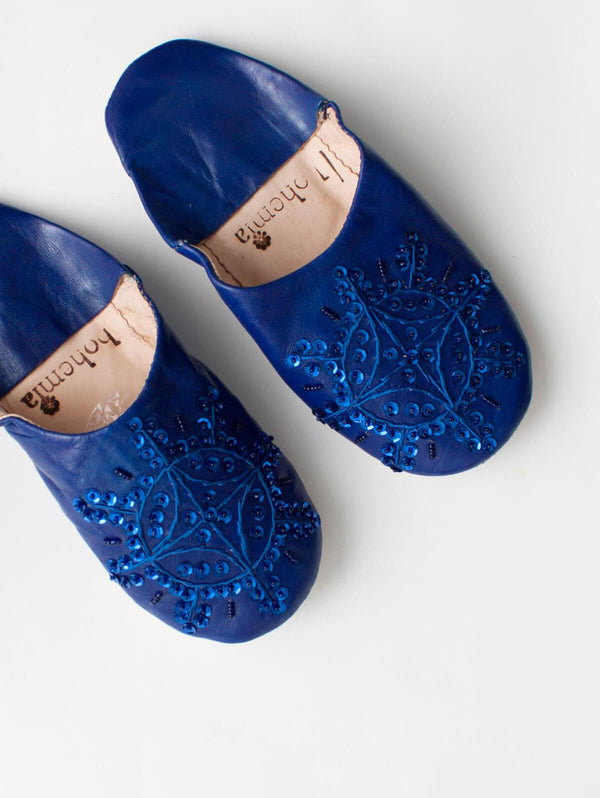 Moroccan Babouche Sequin Slippers, Cobalt - Bohemia Design