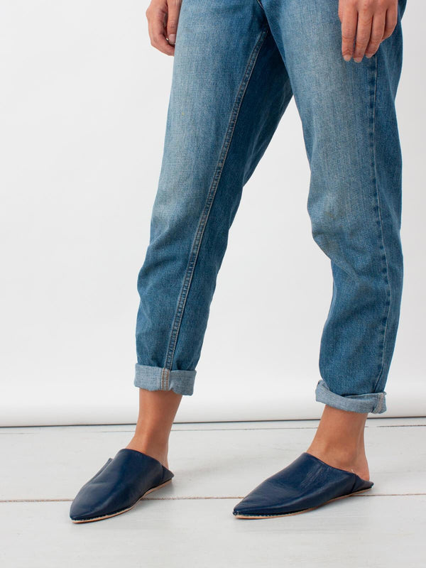 Moroccan Classic Pointed Babouche Slippers, Indigo - Bohemia Design