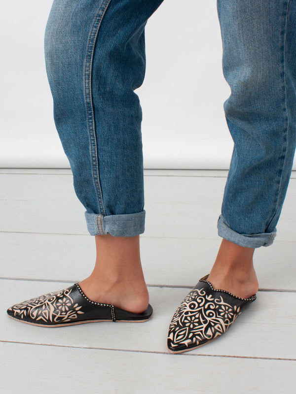 Moroccan Decorative Babouche Slippers, Black - Bohemia Design