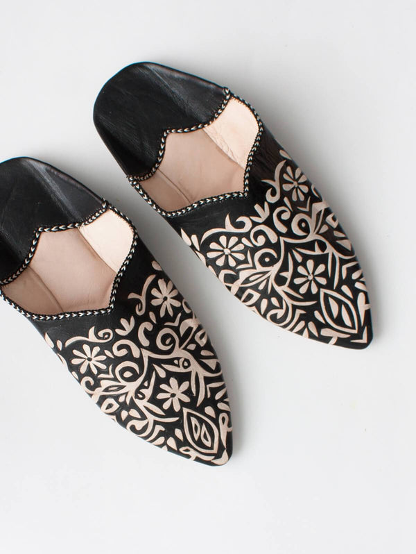 Moroccan Decorative Babouche Slippers, Black - Bohemia Design