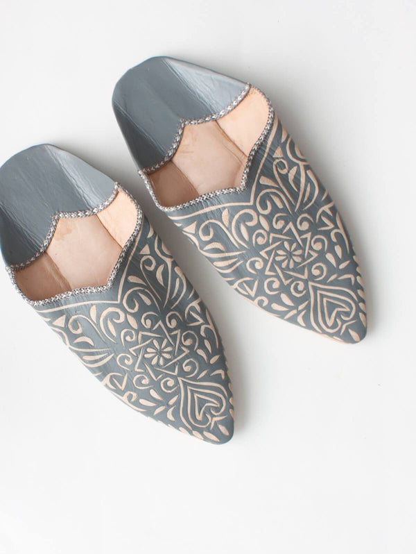 Moroccan Decorative Babouche Slippers, Grey - Bohemia Design