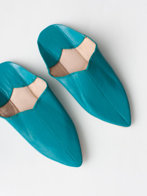 Moroccan Plain Pointed Babouche Slippers, Teal - Bohemia Design