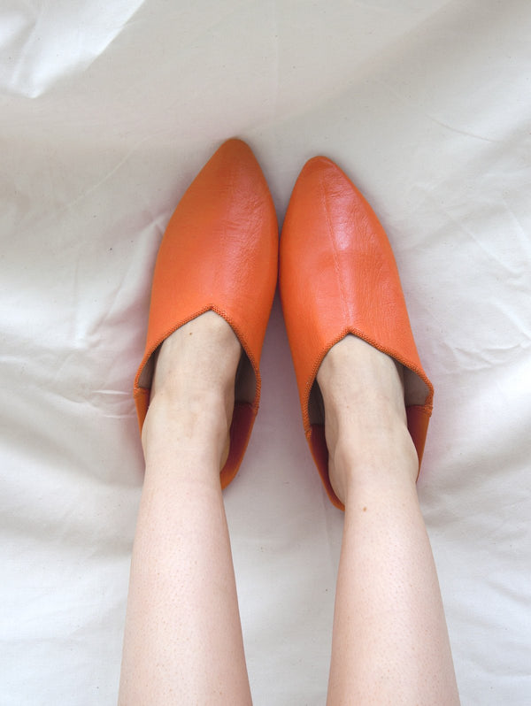 Moroccan Plain Pointed Babouche Slippers, Orange - Bohemia Design