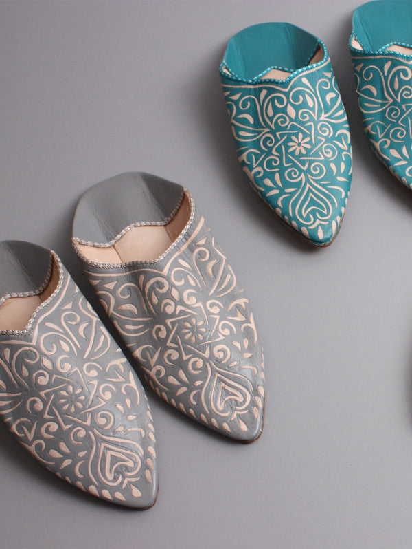 Moroccan Decorative Babouche Slippers, Grey - Bohemia Design