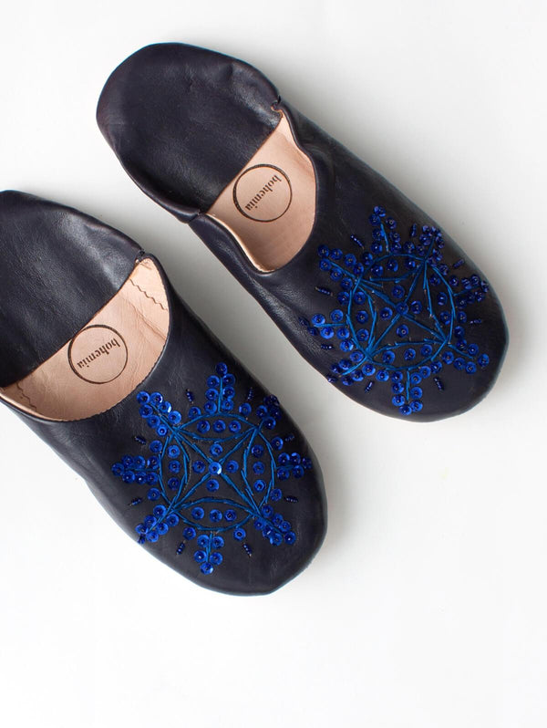 Moroccan Babouche Sequin Slippers, Black & Cobalt - Bohemia Design
