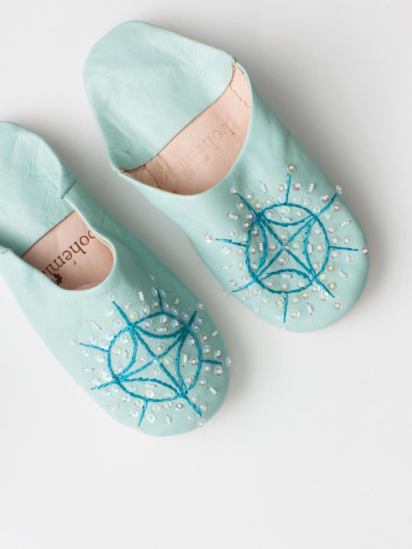Moroccan Babouche Sequin Slippers, Duck Egg - Bohemia Design