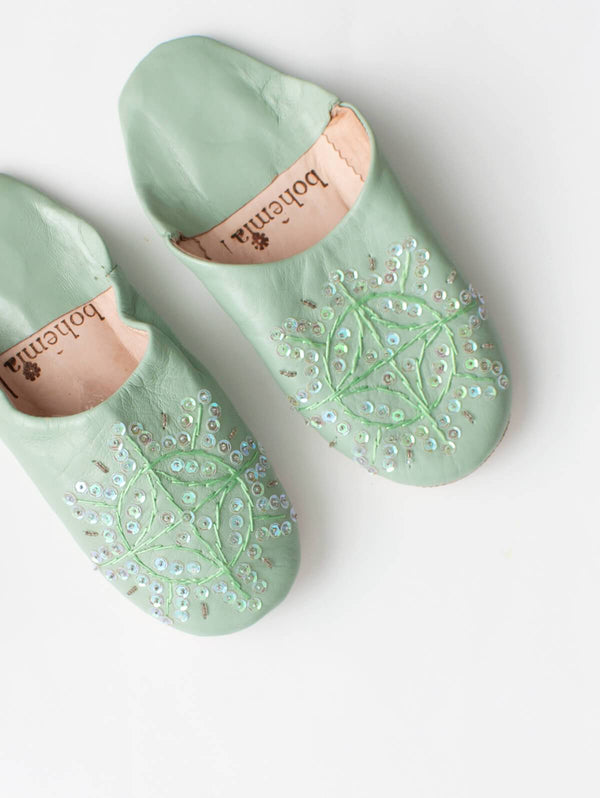 Moroccan Babouche Sequin Slippers, Sage - Bohemia Design