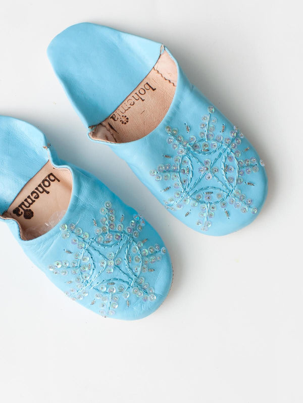 Moroccan Babouche Sequin Slippers, Sky Blue