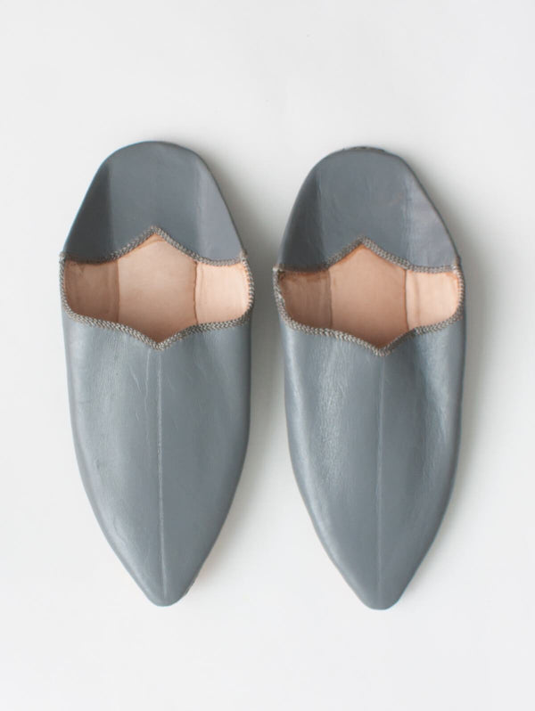 Moroccan Plain Pointed Babouche Slippers, Grey - Bohemia Design