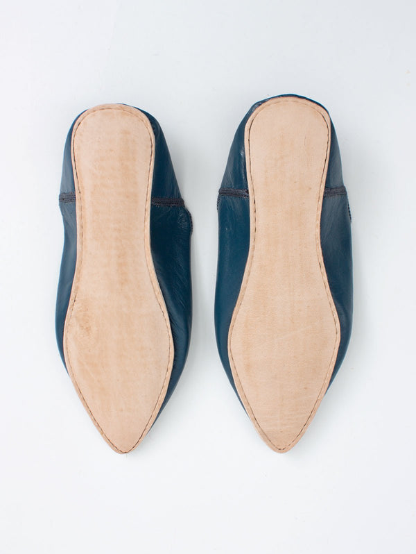 Moroccan Plain Pointed Babouche Slippers, Indigo - Bohemia Design
