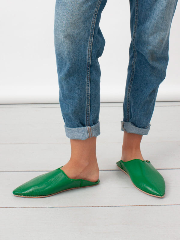 Moroccan Plain Pointed Babouche Slippers, Green - Bohemia Design
