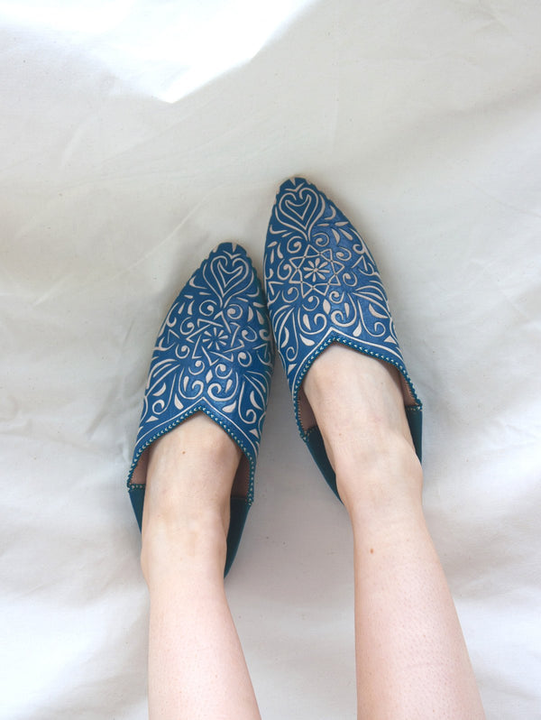 Moroccan Decorative Babouche Slippers, Indigo - Bohemia Design
