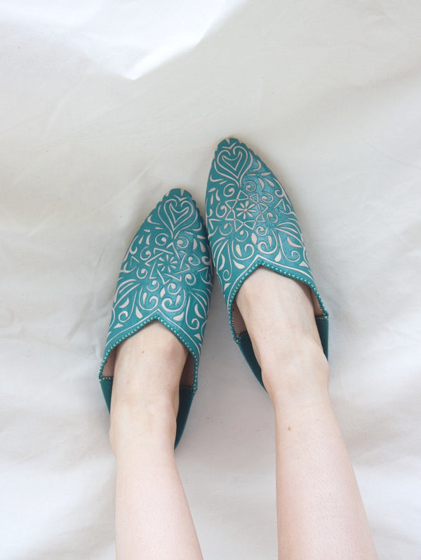 Moroccan Decorative Babouche Slippers, Teal - Bohemia Design